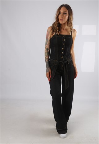 VINTAGE DENIM JUMPSUIT WIDE LEG UK 10 SMALL (H2J)