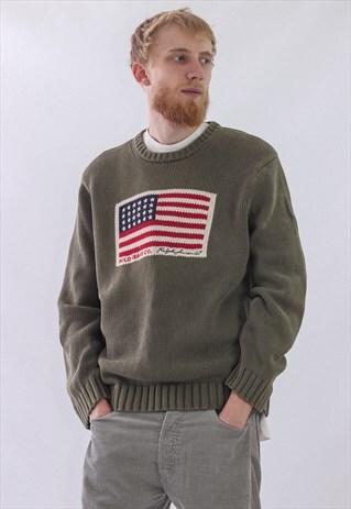 VINTAGE MENS RALPH LAUREN BIG LOGO USA KNIT JUMPER SWEATER