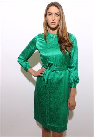 VINTAGE 60S EMERALD GREEN SATIN SILK DRESS PATTERNED S-M