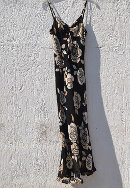 Deadstock black multi color floral chiffon georgette dress