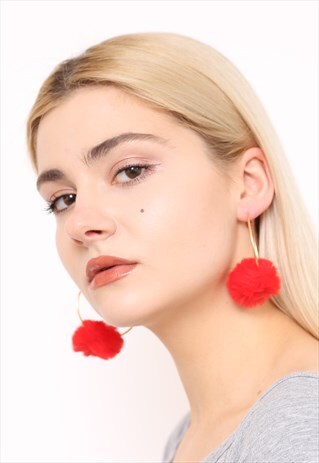 RED POM POM GOLD HOOP EARRINGS
