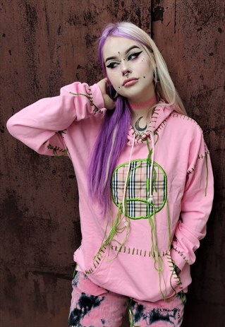 HAND STITCHED EMOJI APPLIQUE HOODIE TARTAN PRINT HOOD TOP