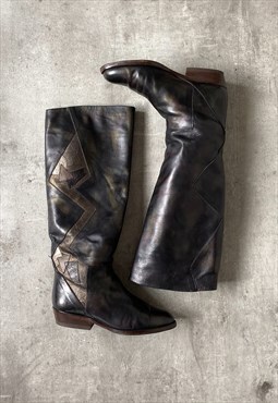 Vintage Y2K 00s real leather boots in black and gold