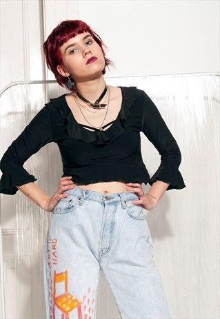 VINTAGE CROP TOP Y2K STRETCHY FRILL BLACK BLOUSE