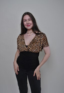 Y2k leopard blouse, evening sexy v-neck top SMALL size party