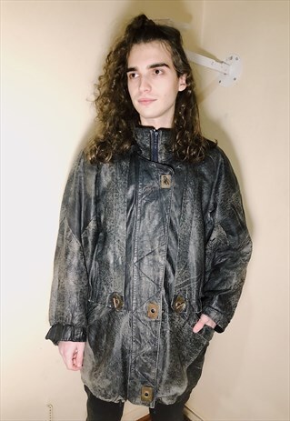 90S VINTAGE GRUNGE FADED BLACK/GREY LEATHER WINTER COAT
