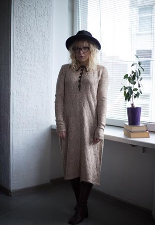 VINTAGE 70'S LIGHT BROWN HANDMADE KNITTED LONG SLEEVED DRESS