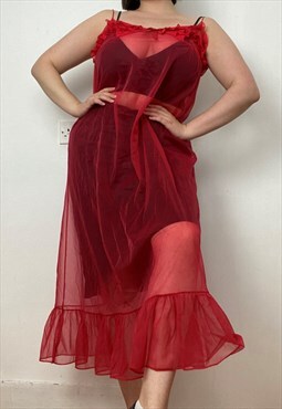 Vintage red sheer mesh midi slip dress with frill hem