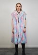 TIE-DYE COAT FAUX FUR PASTEL PINK SHAGGY TRENCH OVERCOAT 