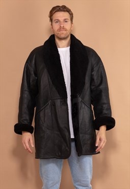 Vintage 80's Men Sheepskin Coat in Black