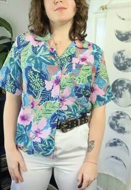 Vintage 90s Colourful Tropical Hawaiian Floral Shirt Blouse