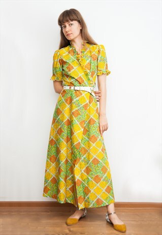 VINTAGE COLORFUL FLOWER PRINT WRAP MAXI DRESS