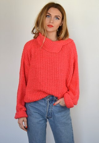 VINTAGE 90S CORAL RED CABLE KNITTED JUMPER