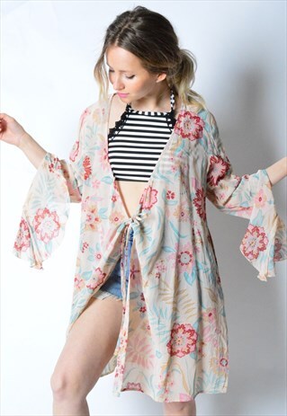VINTAGE 90S PASTEL FLOWER SHEER BELL SLEEVE FESTIVAL KIMONO