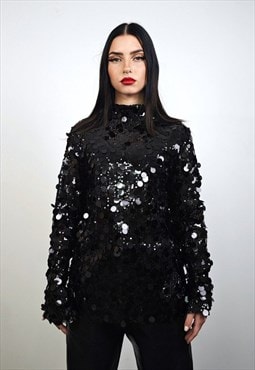 Sequin top black embellished mesh blouse body hugging sweat