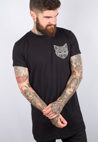 CAT MANDALA BLACK LONG LINE T-SHIRT