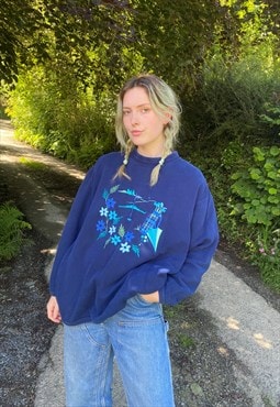 Vintage Size L Floral Embroidered Sweatshirt In Blue