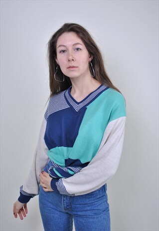 80S MULTICOLOR VNECK SWEATER, ABSTRACT GREEN JUMPER