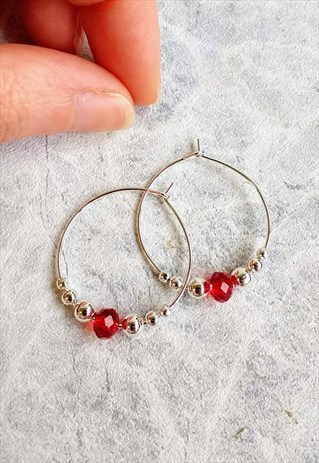 RED FACETED CRYSTAL BEAD HOOP EARRINGS