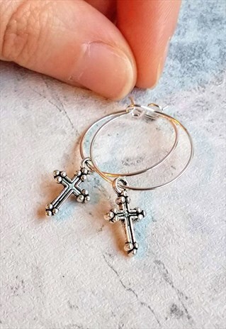 MINI CROSS HOOP EARRINGS