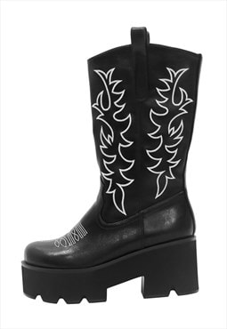 Black Embroidery Western Mid-Calf Boots