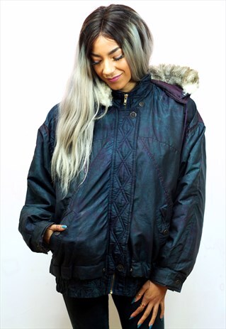1990S VINTAGE GREEN AND PURPLE FAUX FUR HOOD SKI JACKET