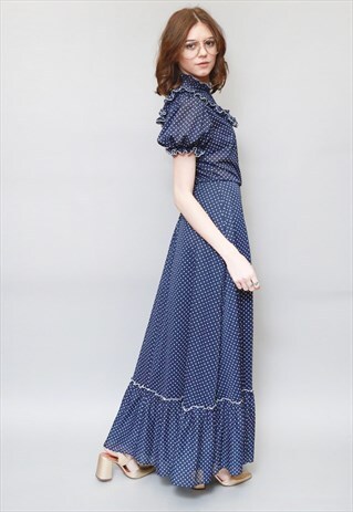 VINTAGE 1970'S BLUE FOLK POLKA DOT RUFFLED MAXI DRESS