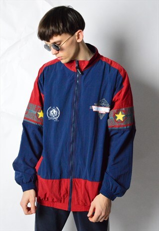 VINTAGE 80S NAVY BLUE COLOUR BLOCK SHELL TRACK JACKET
