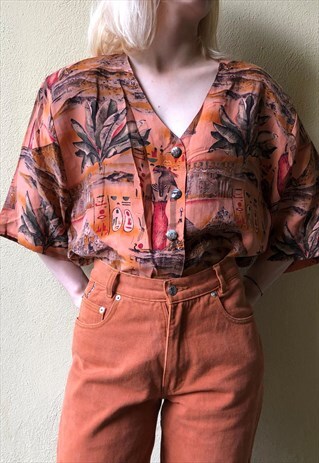 VINTAGE 80'S ORANGE SHIRT WITH AFRICAN MOTIVES