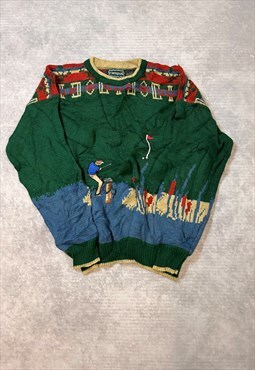 Vintage Knitted Jumper Golfer Golfing Patterned Sweater