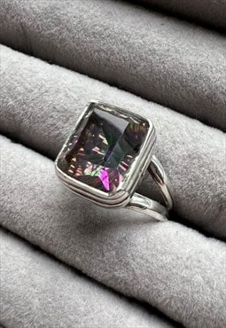 Vintage Ring 925 Silver chunky stone Mystic Topaz purple