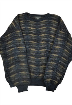 Vintage Knitted Jumper Retro Pattern Navy XL