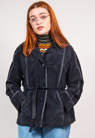VINTAGE BLACK SUEDE COAT BELTED JACKET
