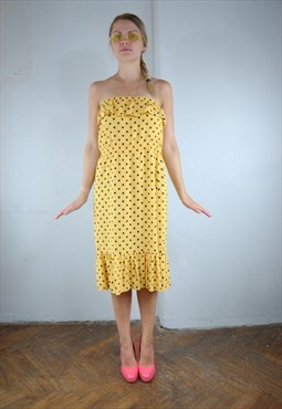 Vintage 80's retro dotted summer no shoulders dress yellow