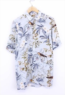 Vintage Hawaiian Shirt Light Blue With Leaf Patterns 90s