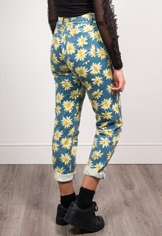 90'S VINTAGE DAISY PATTERN HIGH WAIST JEANS