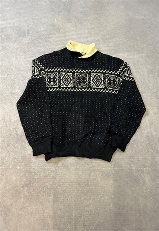 VINTAGE KNITTED JUMPER ABSTRACT PATTERNED GRANDAD SWEATER