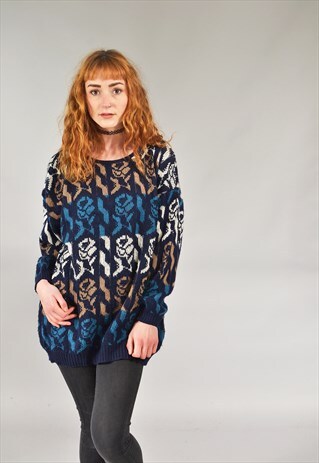 VINTAGE NAVY BLUE PATTERNED KNITTED JUMPER