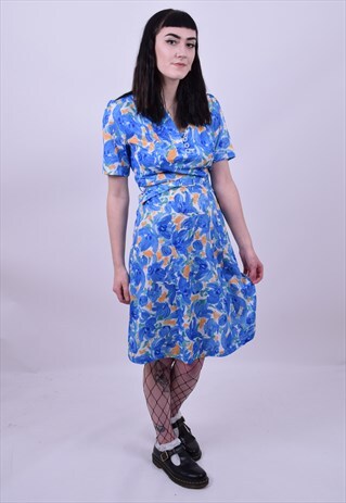VINTAGE 70'S BLUE FLOWER PRINT GRANNY DRESS SIZE 8 10 12