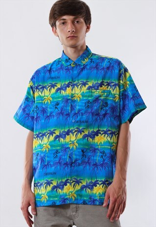 VINTAGE HAWAIIAN 90S ALOHA BLUE ISLANDS PATTERN PRINTED