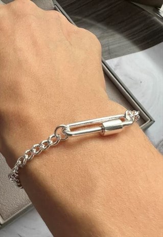 STERLING SILVER SCREW CLASP PAPERCLIP BRACELET 7 INCH 