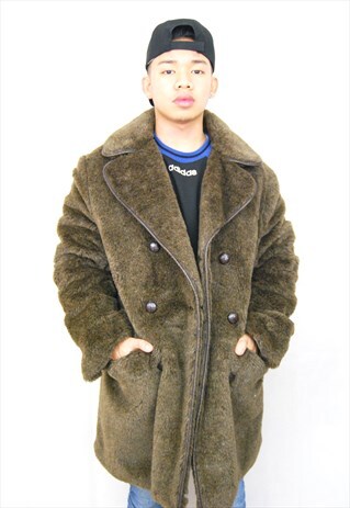 LONGLINE FAUX FUR TEDDY JACKET/COAT (BROWN/1970'S)