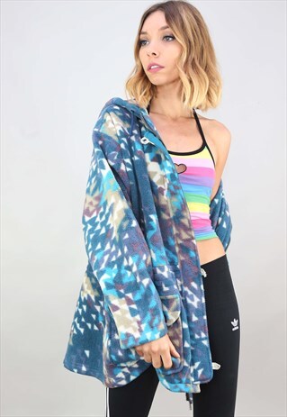 VINTAGE 90S OVERSIZED PATTERNED FLEECE JACKET WITH HOOD