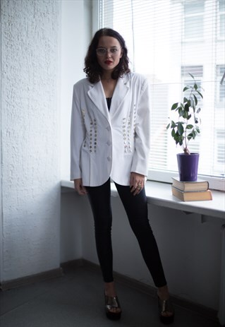 VINTAGE 80'S WHITE SILVER BUTTONS DECORATED BLAZER