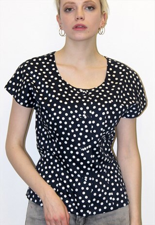 80'S VINTAGE NAVY WHITE POLKA DOT SPOTTY BLOUSE SHIRT TOP