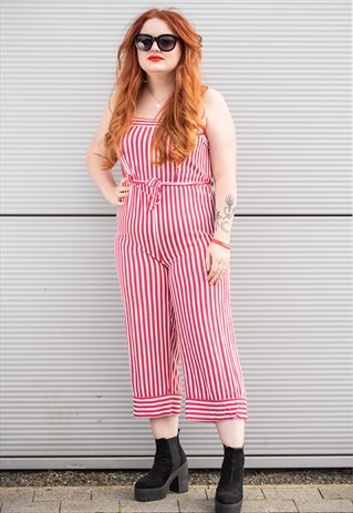 80'S VINTAGE RED CANDY STRIPED WIDE LEG DRAWSTRING JUMPSUIT