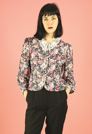 VINTAGE 90S PRETTY PINK FLORAL LACE COLLAR BLOUSE