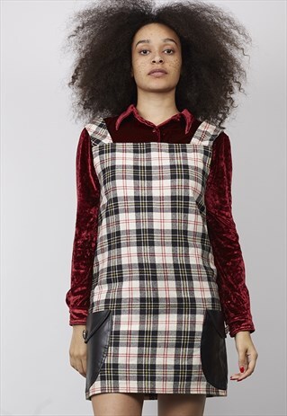 VINTAGE 80'S TARTAN WOOL POCKET PINAFORE DRESS