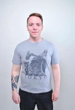 Tokyo y2k tshirt, 00s grey travel tee, vintage gray unisex 