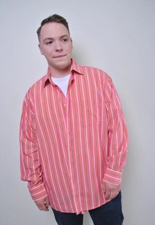 Vintage oversized pink shirt, men striped holiday button up